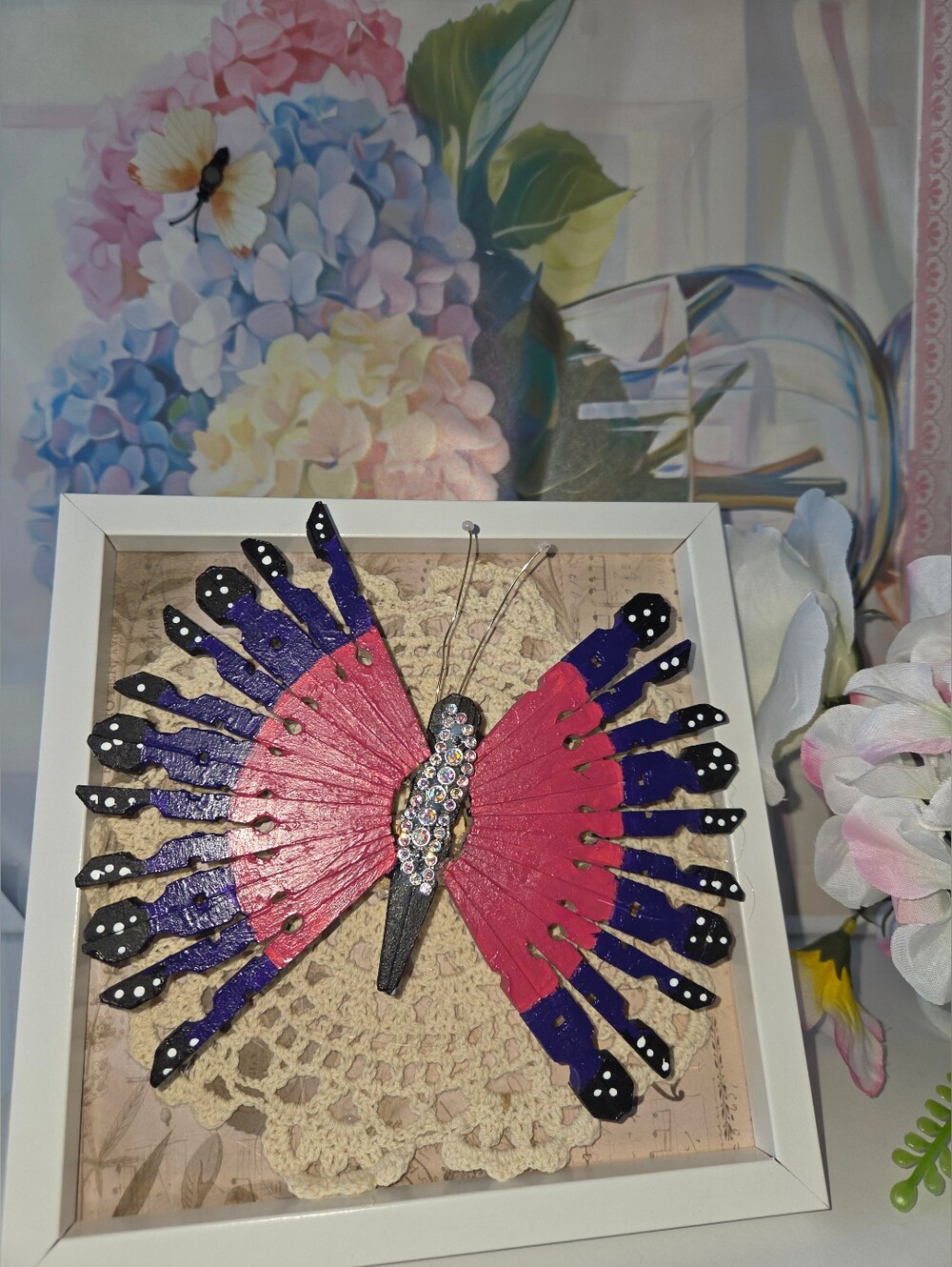 Handcrafted Pink & Purple Butterfly In Stand Up Frame 7x8